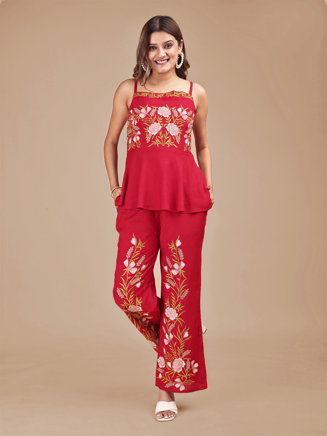 Red Colored Contrast Embroidered Stylized Sleeveless Rayon Co-ord Set